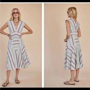 Hunter Bell Jordan Midi Dress Womens Size M Pastel Stripe V-Neck
